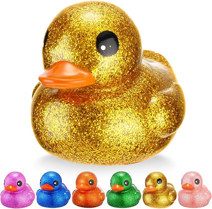 Honoson 6 Pieces Giant Glitter Rubber Ducks 6.89 Inch Big Sparkly Rubber Ducky Jumbo Duck Bathtub Toys with Squeaky Sound for Baby Shower Birthday Party Favor Summer Beach Pool Activity (Colorful)