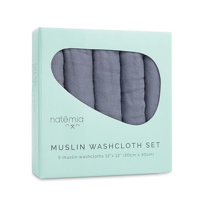 Natemia Muslin Baby Washcloths for Newborn - Premium Wash Cloths for Babies, Super Absorbent and Ultra Soft Rayon Made from Bamboo, 6 Layer Baby Girl and Baby Boy Washcloths, 5 Piece Set