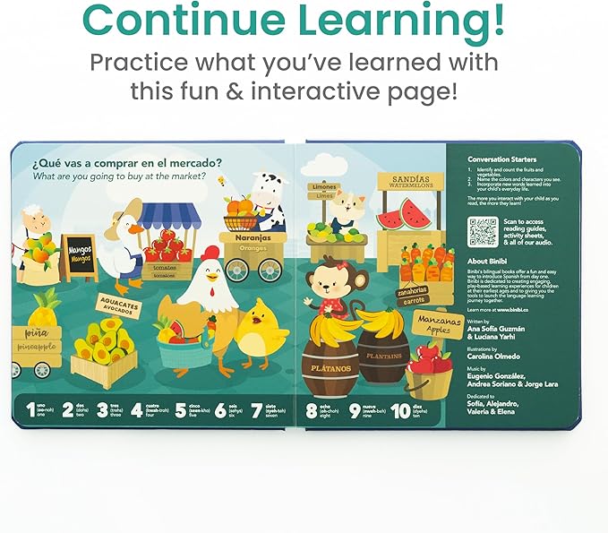 Binibi Counting at the Market – Bilingual Musical Sound Book for Kids 3–5, Learn Numbers in Spanish & English, Interactive Counting Book. Libro en Español para Niños