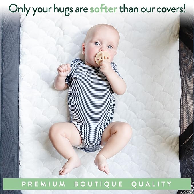 Joey + Joan Waterproof Travel Crib Mattress Pad Cover Compatible with Guava Lotus, Babybjorn, Dream on Me – 2 Pack Quilted Mattress Protector from Ultra Soft Bamboo Viscose Terry – 24" x 42"