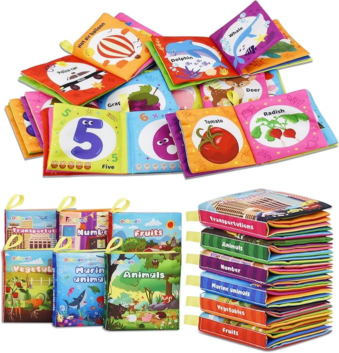 Dr.Rapeti Soft Cloth Books Baby Books Bath Books 6-Pack for Baby Infant Toddler Kids Crinkle Squeaky Washable Chewable Non-Toxic Early Educational Giftable