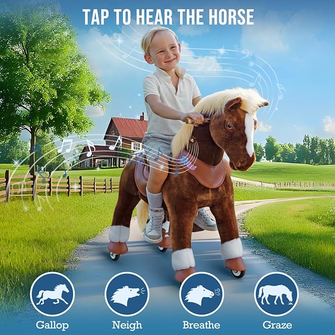 PonyCycle Big Horse Ride on Pony Advanced Model Y Plush Brown Riding Horse Toy for Children Size 5 for Ages 7+, Rocking Horse, Waliking Animal Pony Ride Y574