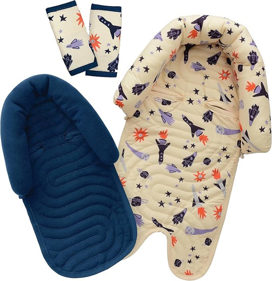 GoldBug Deluxe Duo Car Seat Head Support + Matching Strap Covers for Baby and Infant - Space Explorer
