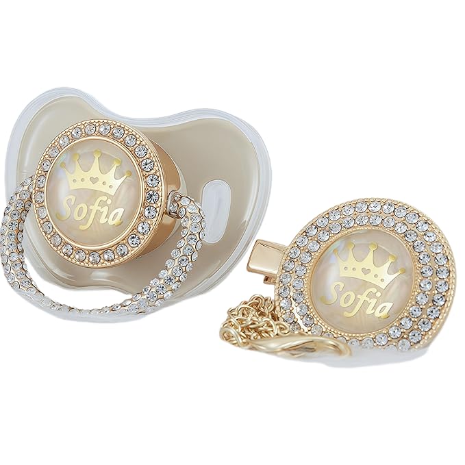 Personalized Name Anniversary All Bling Pacifier and Clip Set Gold Plated New Born Gift Photography No for Daily Use (Khaki)