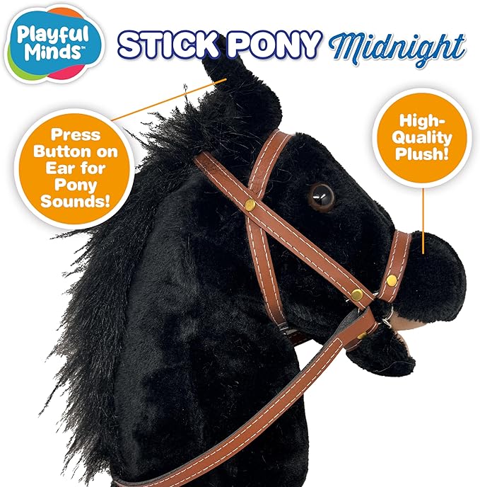 Nature Bound Stick Horse | Horse on a Stick with Sound Effects – Handcrafted Plush Stick Pony for Toddlers & Kids | Handsewn, Sturdy Wooden Handle | Pretend Play Horse Toy (Black)