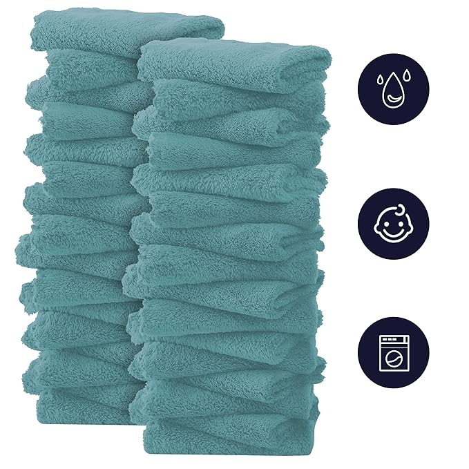 32 Pack Baby Washcloths - Luxury Coral Fleece - Absorbent and Soft Wash Clothes for Newborns, Infants and Toddlers Baby boy and Girl - Suitable for Sensitive Skin and New Born - Teal, 10x10 Inch