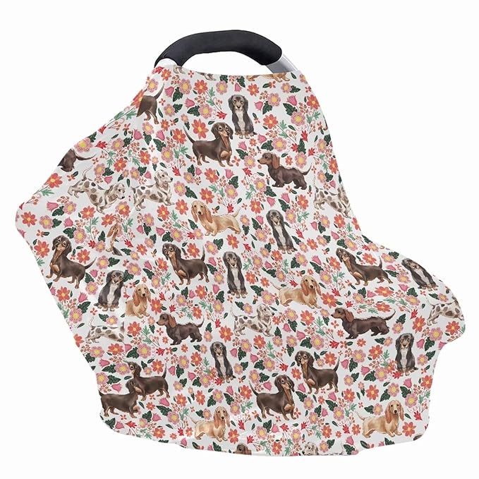 AFPANQZ Nursing Covers for Newborns Baby Dachshund with Floral Car Seat Covers for Baby Girls, All Season Baby Carseat Canopy Cover Ups Breastfeeding Scarves Breathable