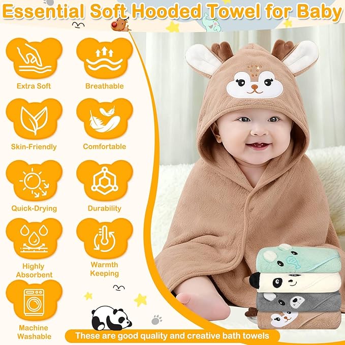 Flasoo 16 Pcs Baby Towels Set for Infants Toddlers, 4 Pcs Hooded Bath Towels, 4 Pcs Baby Bibs & 8 Pcs Washcloths Set, Absorbent Soft Newborn Gift for Boys & Girls-Elephants, Pandas, Bears & Moose