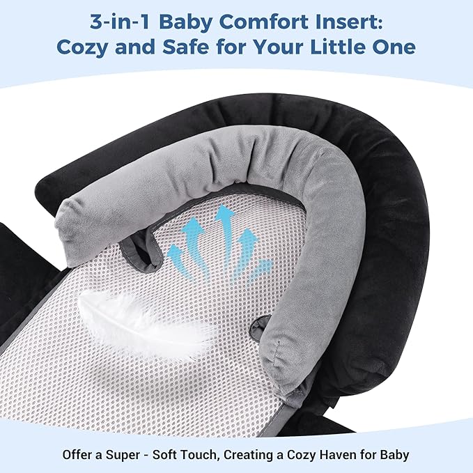 COOLBEBE Upgraded 3-in-1 Baby Body Support & Strap Covers Set for Newborn Infant - Extra Soft Car Seat Insert Cushion Pad, Perfect for Car Seats, Strollers, Swing, Black