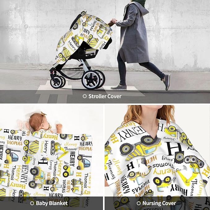 Personalized Baby Car Seat Canopy for Babies with Name, Custom Construction Truck Stroller Car Seat Covers for Boy, Minky Nursing Carseat Cover for Breastfeeding, Car Seat Canopies for Infant Newborn