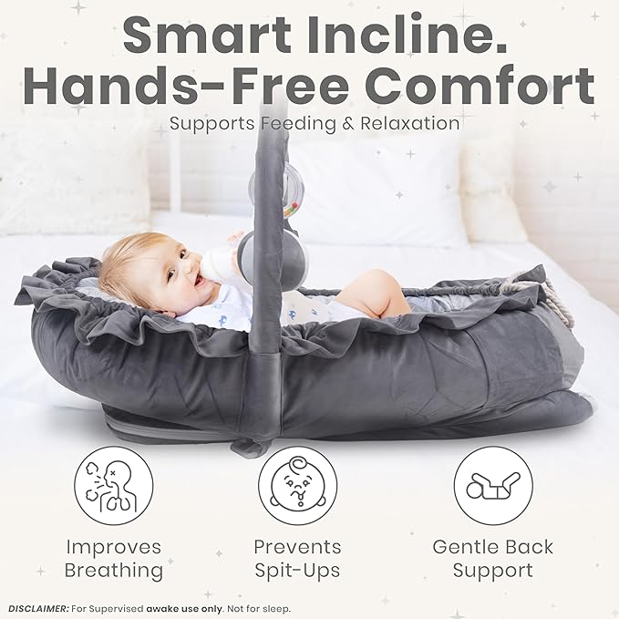 Newborn Lounger Leaf Gray - Flexible & Portable w/Infant Support Cushion, Soft & Breathable 100% Cotton - Multi-Use Supervised Baby Lounger for Floor, Travel, Changing Mat Alternative - Premium