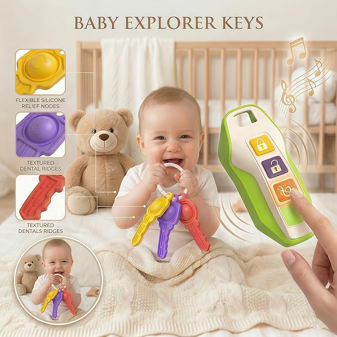 Toy Car Keys for Toddlers 1-3, Soft Silicone Baby Teething Toys with Gentle Lights and Sounds, Non-Toxic Lightweight Pretend Play Sensory Toys for 1 Year Old Boy Girl Birthday Gifts(green)