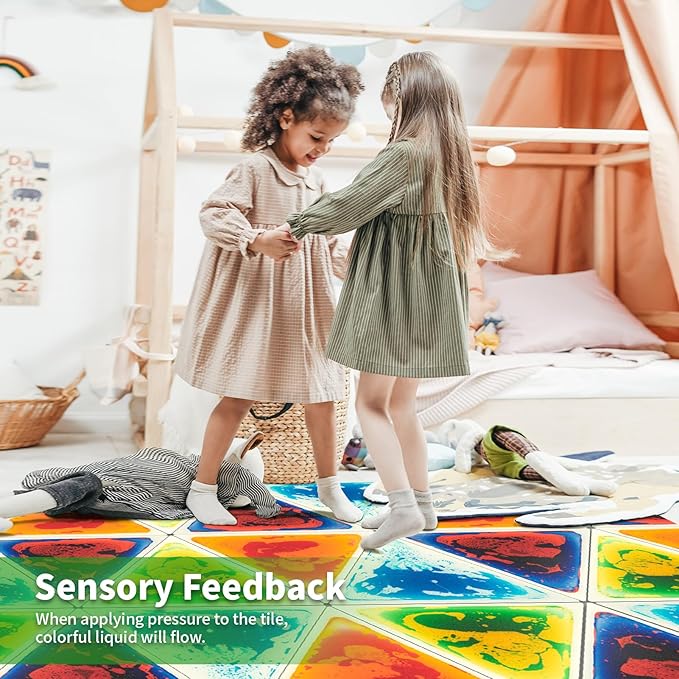 LONGKING 4-Sheet Liquid Triangle Sensory Tiles, Colorful Floor Tile for Play Centers, Playroom, Lava Tiles, 12.7" x 14.7"