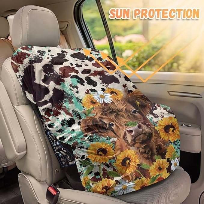 Baby Car Seat Cover Cute Highland Cow Car Seat Sun Shade Cover, Infant Car Seats Heat Protector, Travel Car Seat for Toddlers 1-3, Baby Travel Accessories, Sunflower Daisy Brown