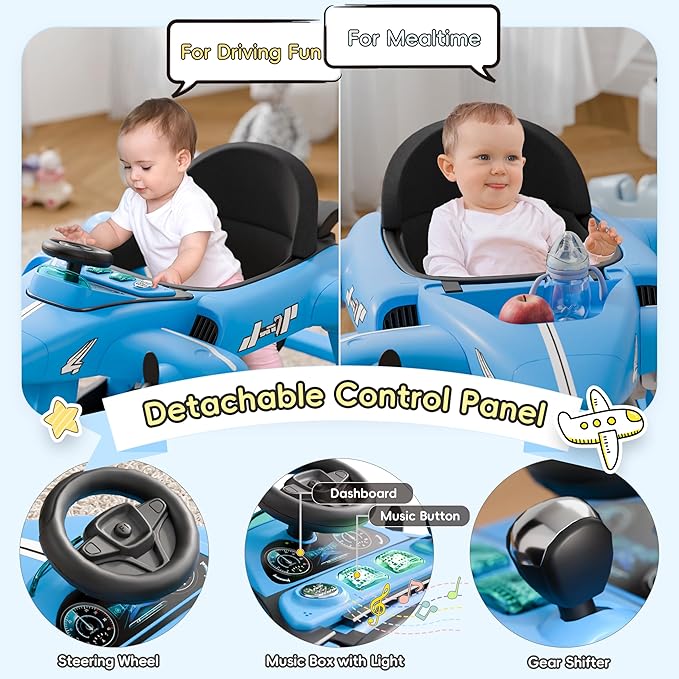 Xilingol 6-in-1 Baby Walker with Wheels, Adjustable Height & Speed Activity Walker with Padded Seat, Foldable Walker for Babies, Toddler Push Walkers for Boy & Girl 6-18 Months, Music & Light