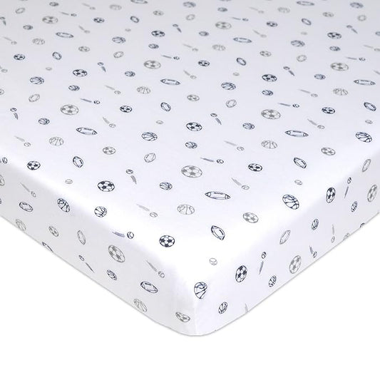 American Baby Company 100% Natural Cotton Fitted Pack and Play Sheet 39" x 27" - Soft & Breathable Pack N Play Sheet for Playpen, Playard & Mini Crib Mattress, Navy/Grey Sports, for Boys & Girls