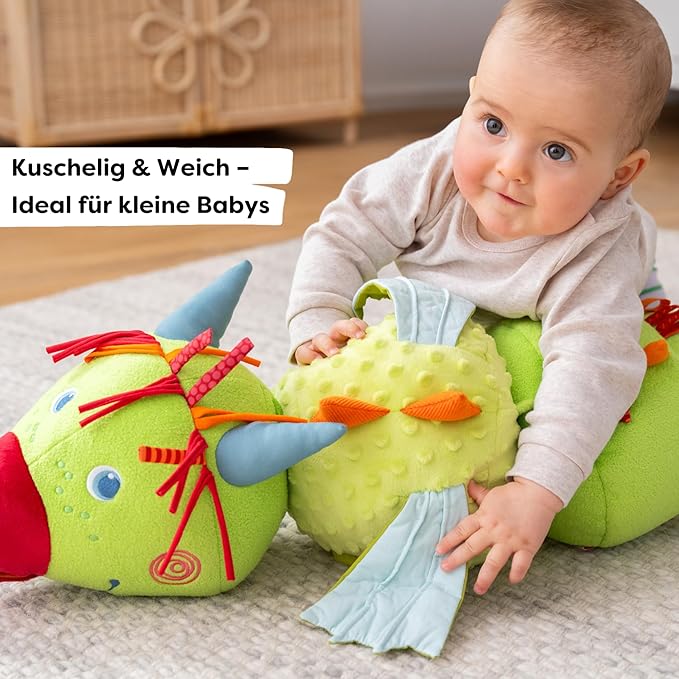 HABA Rudy 2012334001 Soft Toy Dragon with Acoustic and Tactical Elements, Rattle, Squeaker and Mirror, Soft Toy for Children from 6 Months
