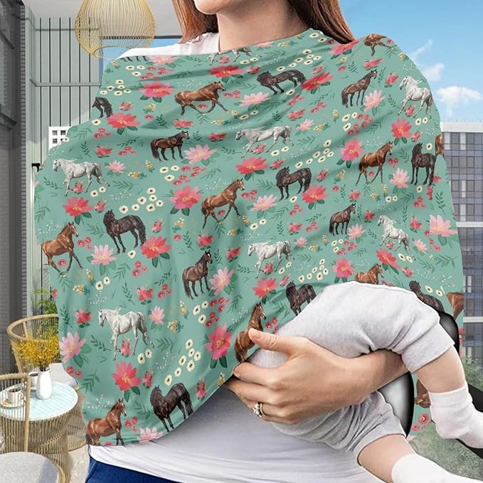 GIFTPUZZ Flower Horse Stretchy Car Seat Cover for Baby Girls, Nursing Cover Breastfeeding Cover, Soft Breathable Infant Carseat Canopy, Shopping Cart/High Chair/Stroller Covers for Mom