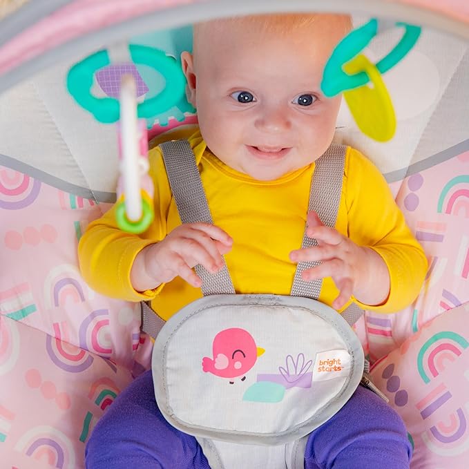Bright Starts Pink Paradise Portable Compact Automatic Baby Swing with Music, Unisex, Newborn +