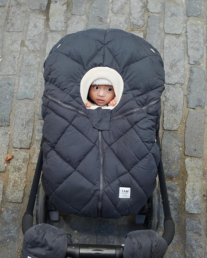 7AM Enfant Car Seat Covers - Cocoon Baby Cover for Boys & Girls, Rain & Snow Repellent, Breathable Windproof, Center Zipper, Universal Fit for Infant Car Seat (0-12M) (Smokey Quilted)