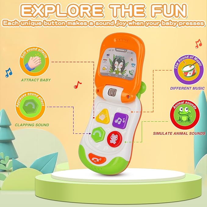 Baby Cell Phone Toy with musicial and Light, Flip Phone Educational Toddler Toys (Orange)