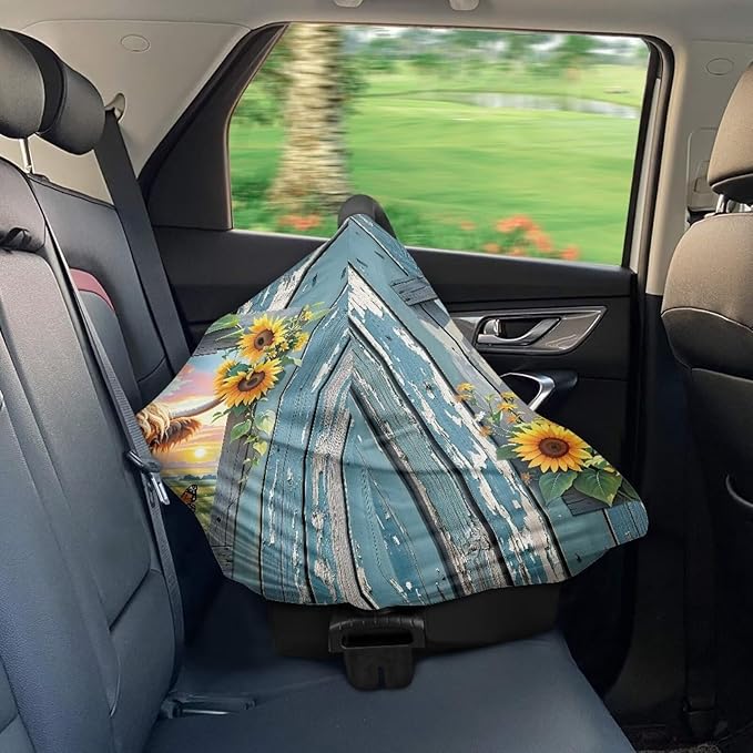 Wanyint Baby Car Seat Cover Car Seat Canopy for Babies Boys Girls, Multi-Use Infant Breastfeeding Covers Nursing Scarf Home Decoration, Highland Cow Sunflower Wood Grain