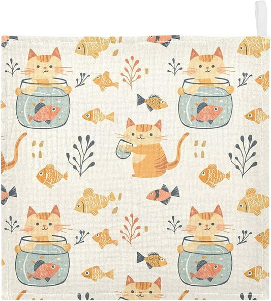 vvfelixl Baby Muslin Washcloths Cat Watch Fish Tank Baby Burp Cloths Cotton Babys Face Towel for Newborn Infants Boys Girls Soft and Absorbent 11.8 X 11.8 in, 3 Pack