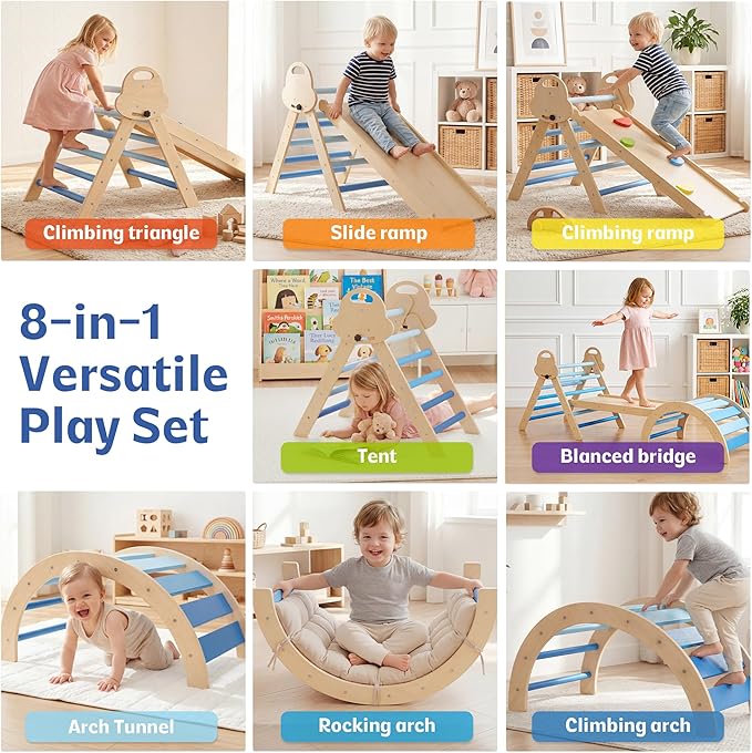 bbgroundgrm 8-in-1 Wooden Climbing Set for Toddlers with Cushion, Foldable Montessori Indoor Climber with Arch, Ramp and Triangle Ladder, Natural Wood Play Gym for Kids 1-3
