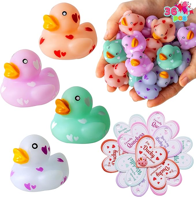 JOYIN 36 Pcs Valentine’s Day Mini Rubber Ducks with Cards for Kids, 4 Colors Duckies Bath Toys with 4 Card Designs for Classroom Exchange Prizes, Valentine Party Favors Toys