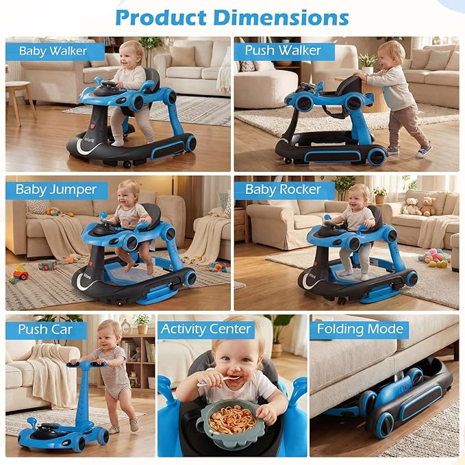 INFANS 6-in-1 Foldable Baby Walker, Converts Push Car to Bouncer, Rocker with Music, Lights, Adjustable Height & Speed, Activity Center, Canopy for 7-18 Months (Blue)