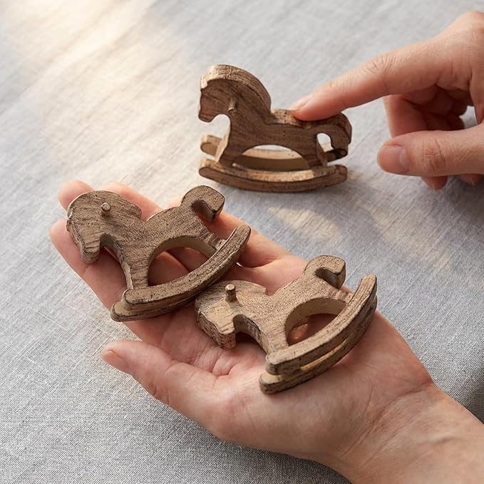 LOGOFUN 3PCS Vintage Carved Wooden Rocking Horse Tabletop Ornament for Party Favor Room Home Office Desk Centerpiece Decor - Brown