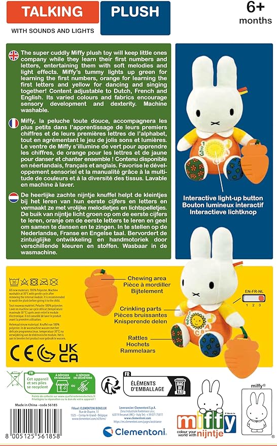 Clementoni - 56185 - Nijntje - Pratende Knuffel - Babyspeelgoed, Cijfers En Letters, Sensory Spel, Nederlandse, Fringe En Engelse Taal, Konijntje Interactief, Educatief Speelgoed 6-36 Maanden