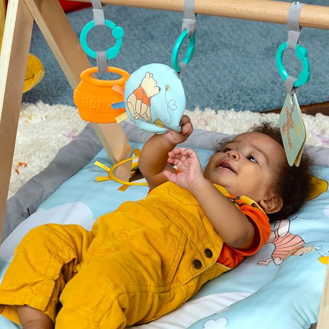 Bright Starts Disney Winnie The Pooh Once Upon a Tummy Time Baby Play Mat, Tummy Time Mat and Play Gym, Blue, Newborn