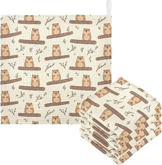 Beaver Baby Washcloths Newborn Muslin Burp Cloths 3 Pack Soft Cotton Baby Face Bath Towel Drool Bibs for Infants, Girls and Boys 11.8 x 11.8 Inch
