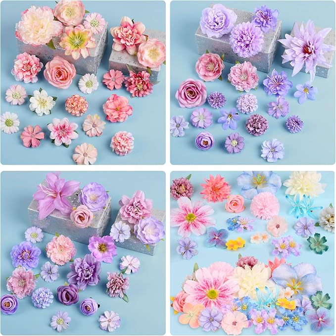 Leery 20 PCS Boho Flower Hair Clips for Women - Rose Hair Barrettes, Wedding Hairpins, Bridal Headpiece, Hawaiian Silk Floral Clips (Pinkish purple)