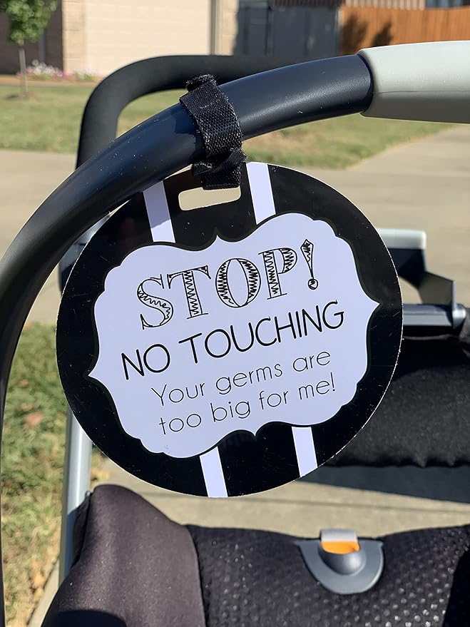 (Three Little Tots) No Touching Baby Car Seat and Stroller Two Pack- Baby Safety No Touching Car Seat Sign, Stroller Sign, Newborn Car Seat Tag- CPSIA Safety Tested (Rainbow/Black & White)