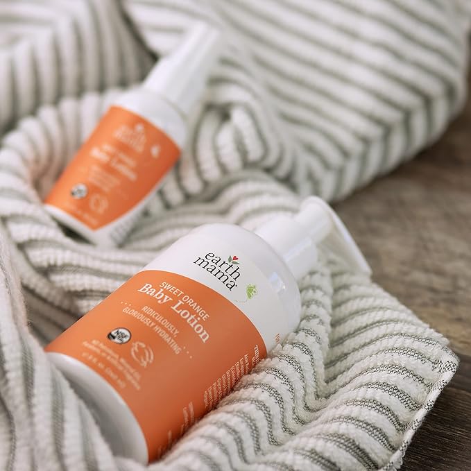 Earth Mama Sweet Orange Baby Lotion | Moisturizing Body Lotion for Dry Skin, Newborn Sensitive Skin Care, Face Moisturizer for Babies & Kids with Shea Butter, Calendula & Aloe, 8 Fl Oz (2-Pack)