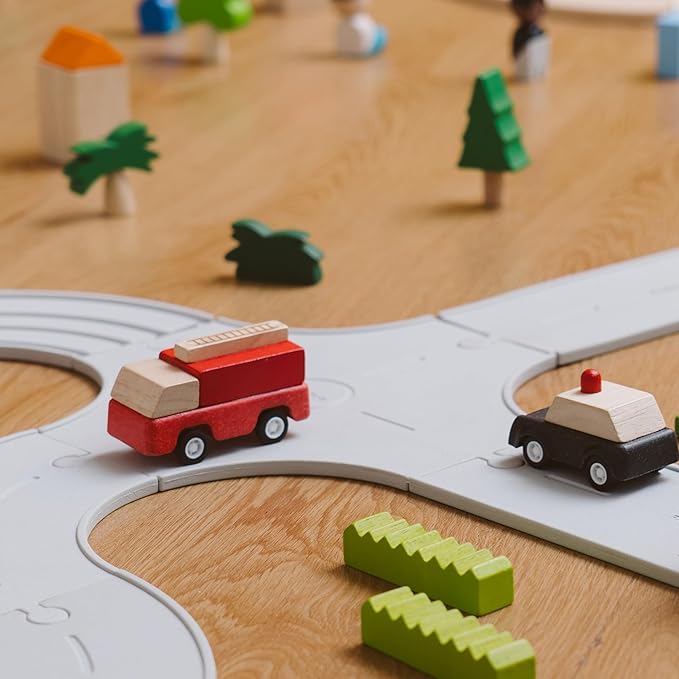 PlanToys® Fire Truck Wooden Montessori Vehicle Toy | Early Movement, Imagination and Practical Life Exploration | Eco Friendly Fire Rescue Truck for Indoor and Outdoor Play