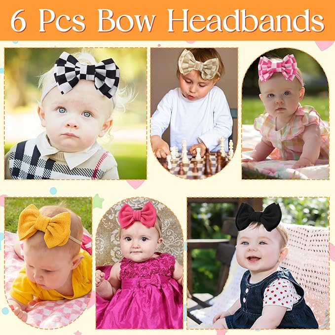 JATEBI 6 PCS Baby Girl Hair Bows Set Checkered Cow Print Bows Headbands for Girls Cowgirl Accessories Newborn Toddler Baby Outfits Checkered