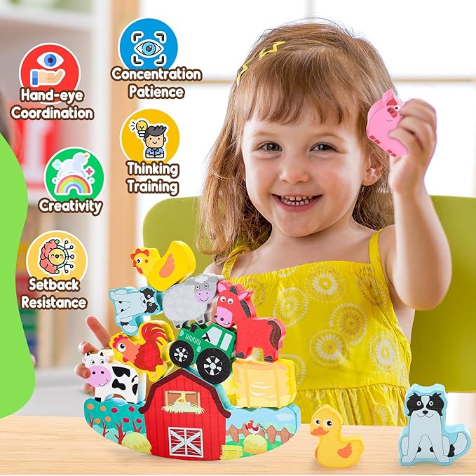 IPOURUP Montessori Toys for Kids 3-7 Wooden Farm Animal Blocks Stacking Games Educational Toy for 3 4 5 6 Year Old Girls Boys Christmas Birthday Gifts for Grandkids Toddler Balance Game Girls Age 3-5