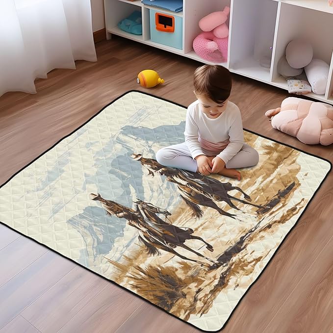 Western Cowboys Baby Play Mat for Floor 50" X 50" Foldable Waterproof Non-Slip Playmat for Baby Playpen Quilted Crawling Mats Game Rug