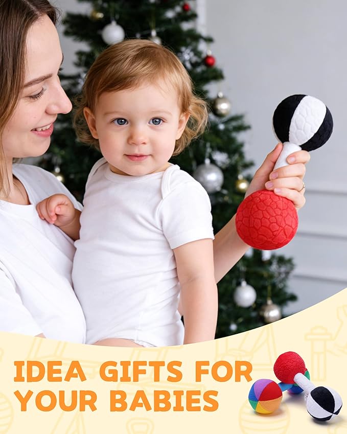 Jollybaby Soft Plush Baby Dumbbell Rattle Toys, 0-3-6 Months Newborn, High Contrast Black & White Sensory Rattles Weight Lifting Toy, Funny Baby Boy Girl Shower Gift