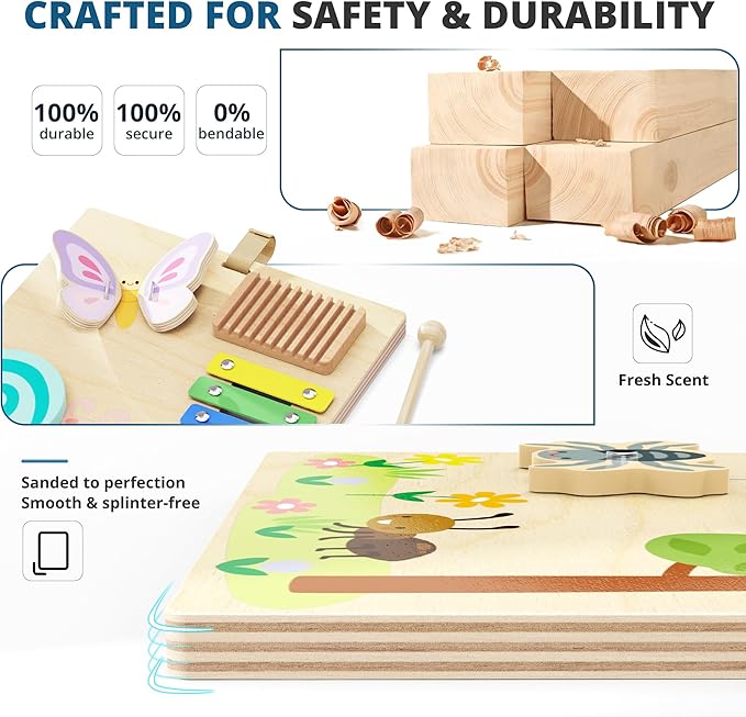 BlueWood Wooden Busy Board for Toddlers, 14-in-1 Montessori Philosophy Educational Toy, Activity Center Made from Basswood, No Drilling, Easy to Carry & Store