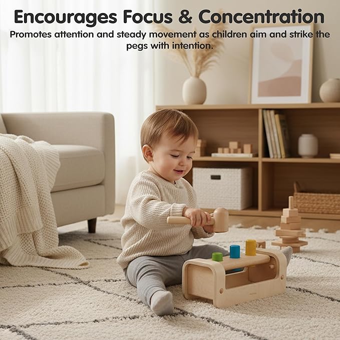 PlanToys® Pounding Bench Wooden Hammer Toy for Kids Ages 3+ | Montessori Fine Motor & Hand-Eye Coordination Activity for Focus & Strength | Eco-Friendly Educational Toy