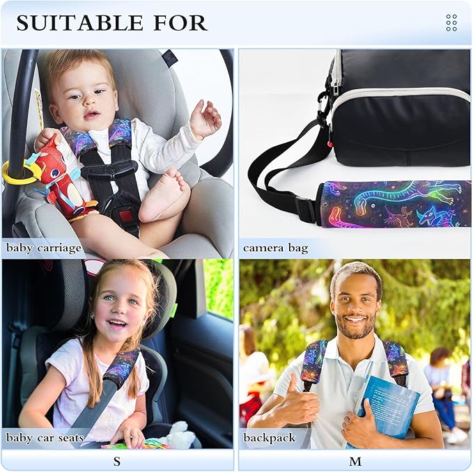 CHIFIGNO 2Pcs Seat Belt Cover Neon Colored Line Art Dinosaurs Seatbelt Pad Fashion Shoulder Strap Pad for Adults Kids