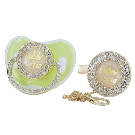 Sparkling Bling Custom Baby Pacifiers and Clips/Holder Kit with Name Personalized with Rhinestones for Boy and Girl Baby Shower (Light Green)