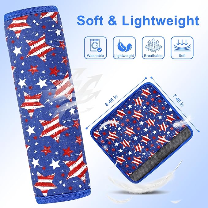 Amintiri Seat Strap Shoulder Pads for Kids, Seat Belt Cover for Children, Soft Furry Seat Belt Cushion for Travel, Cartoon Car Seat Belt Pad Cover for Boys and Girls. (Patriotic Star)