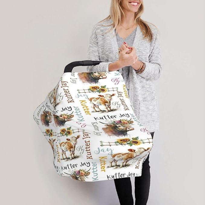 Personalized Cow Baby Car Seat Cover with Name,Multi-Use Canopy for Nursing, Strollers,Shopping Carts,Customized Breastfeeding Cover, Full Privacy,Infant Stroller Cover