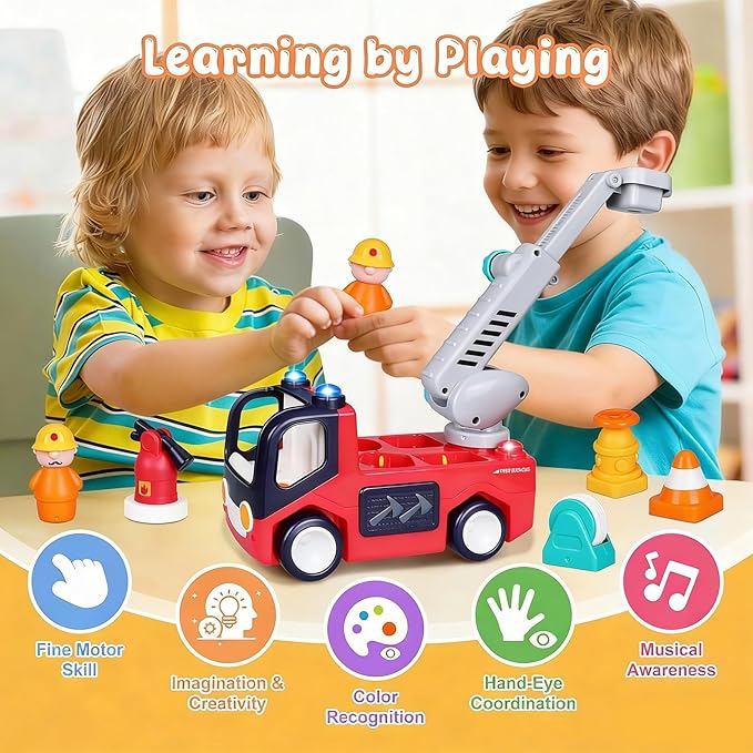 Yunaking Fire Truck Toys for 2 Year Old Boys Girls Montessori Early Educational Learning Toy with Firefighting Tools Baby Push Cars for 2 3 Year Old Boy Birthday Gifts with Sound Lights Effect