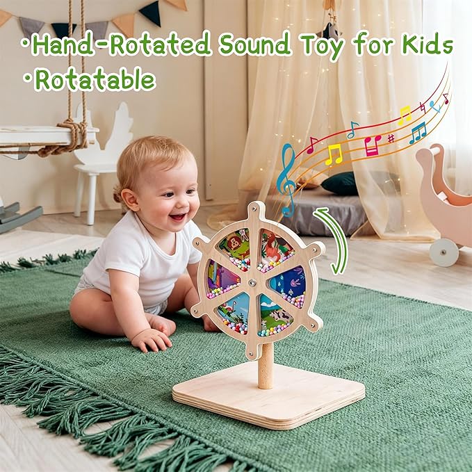 Spinning Activity Drum Toy with Sound, Montessori Wooden Sensory Toy for Babies, Perfect Birthday & Party Gift for 6-18 Months+